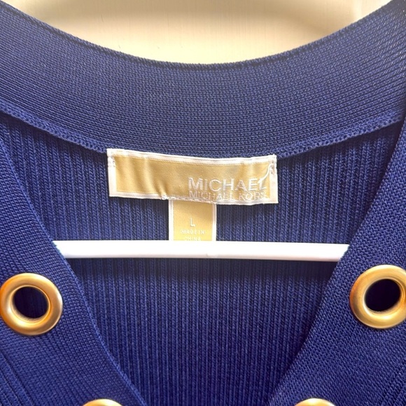 NWOT Michael Kors Navy Blue Lace-Up Bodycon Ribbed Midi Dress size L - Picture 2 of 7
